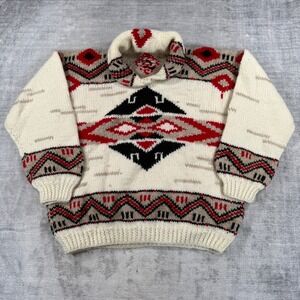 Vintage Handknit Sweater Women XL Cream Southwestern Aztec Wool Boho Chunky